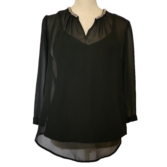 Liz Claiborne 3/4-Sleeve Embellished V- Neck Black Sheer Blouse and slip Size S - Picture 4 of 16